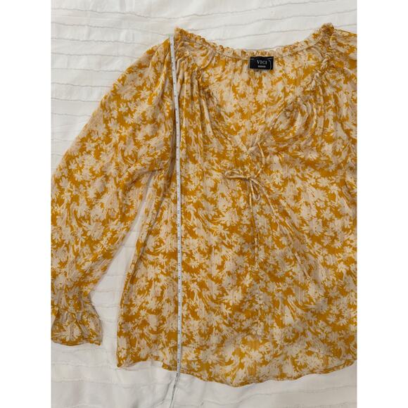 Vici Floral Long Sheer Blouse Women’s Medium Mustard Yellow Cottagecore Coquette - Picture 6 of 16